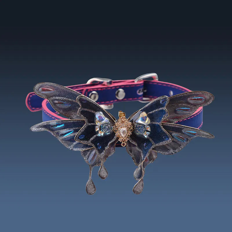 Temperature change purple butterfly collar necklace with alloy chain on a person.