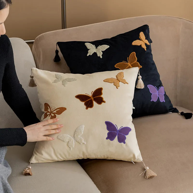 Square embroidered cushion with butterfly floral pattern in Chinese style, shown in beige colour.