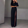 Women's black polyester jumpsuit with oblique shoulder design and high side slit