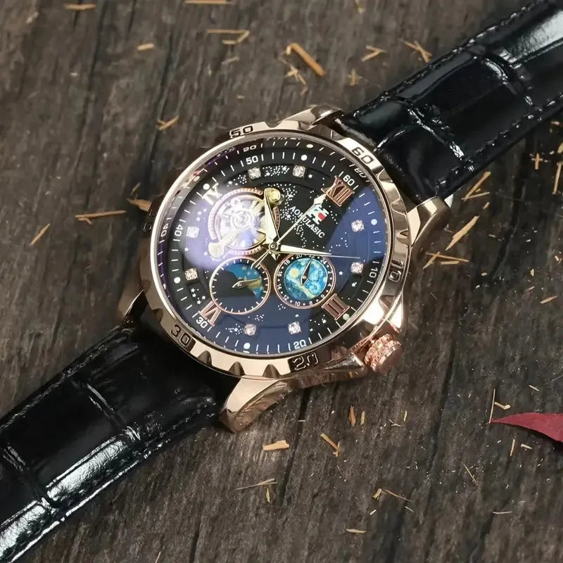 Men's automatic mechanical watch with large hollow black dial and rose gold case