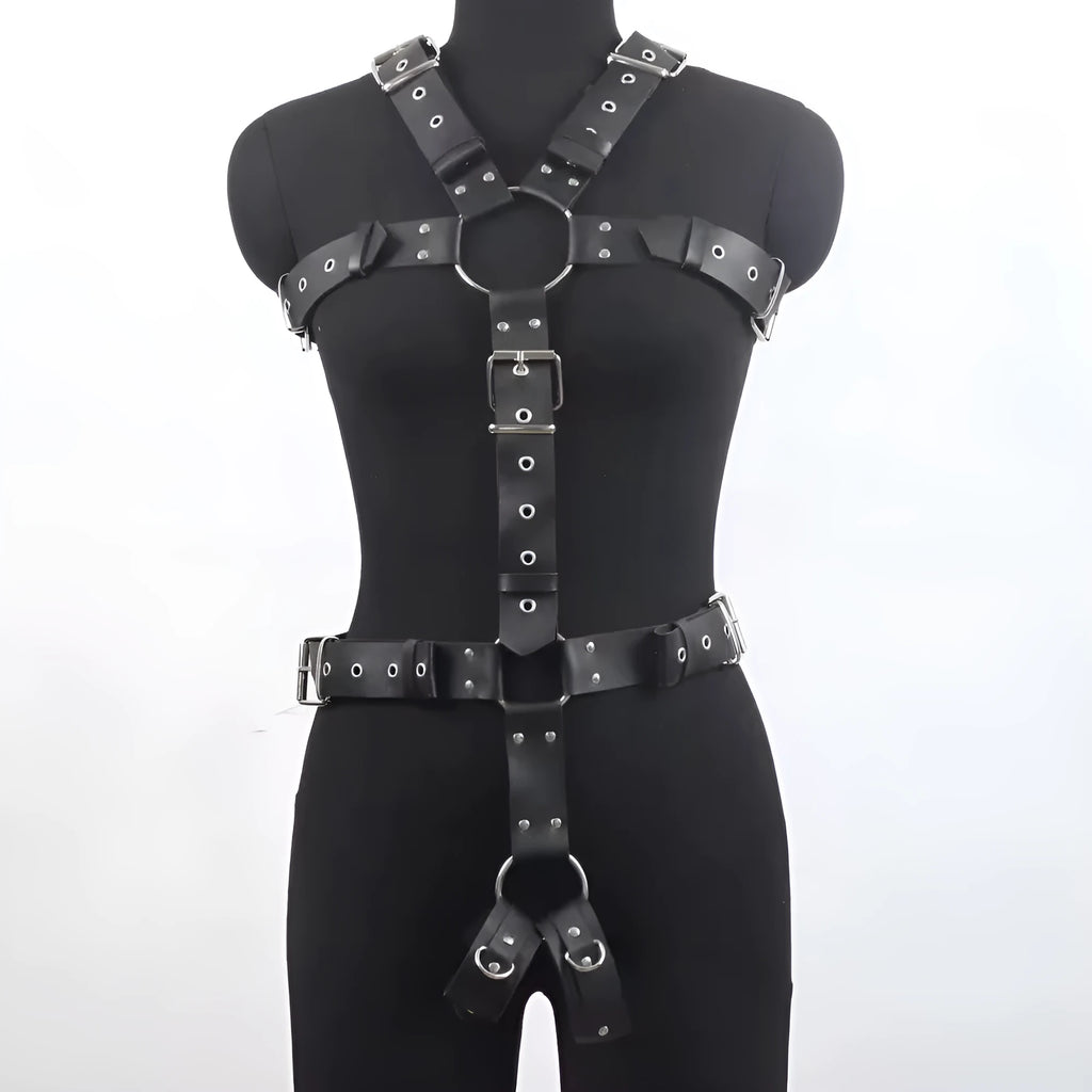 Black imitation leather bondage suit with thin straps and a pin buckle fastening.