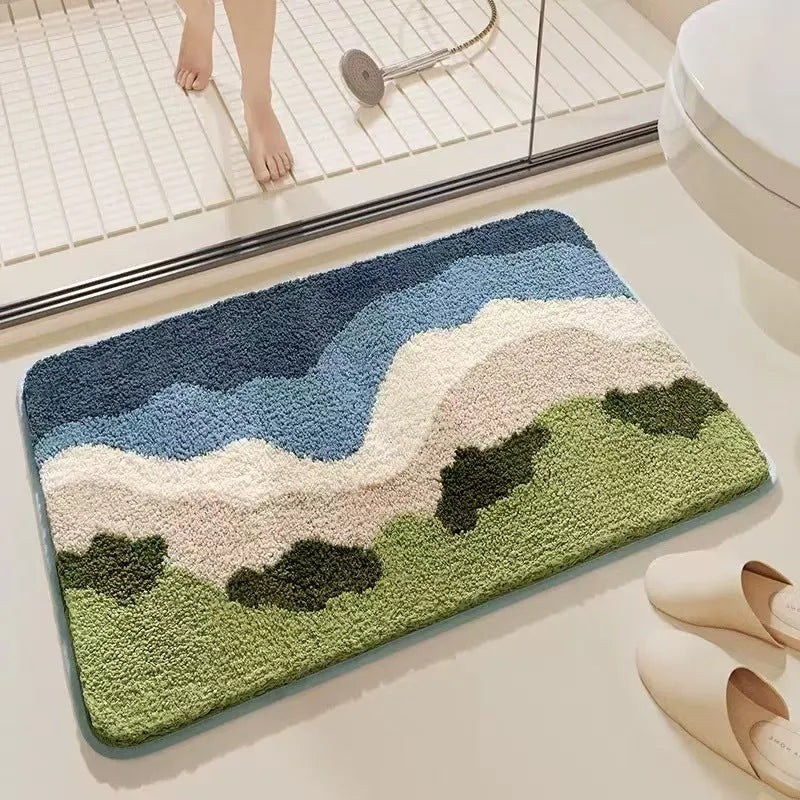 Square imitation cashmere floor mat with plastic bottom and rainbow pattern in sky sea colours