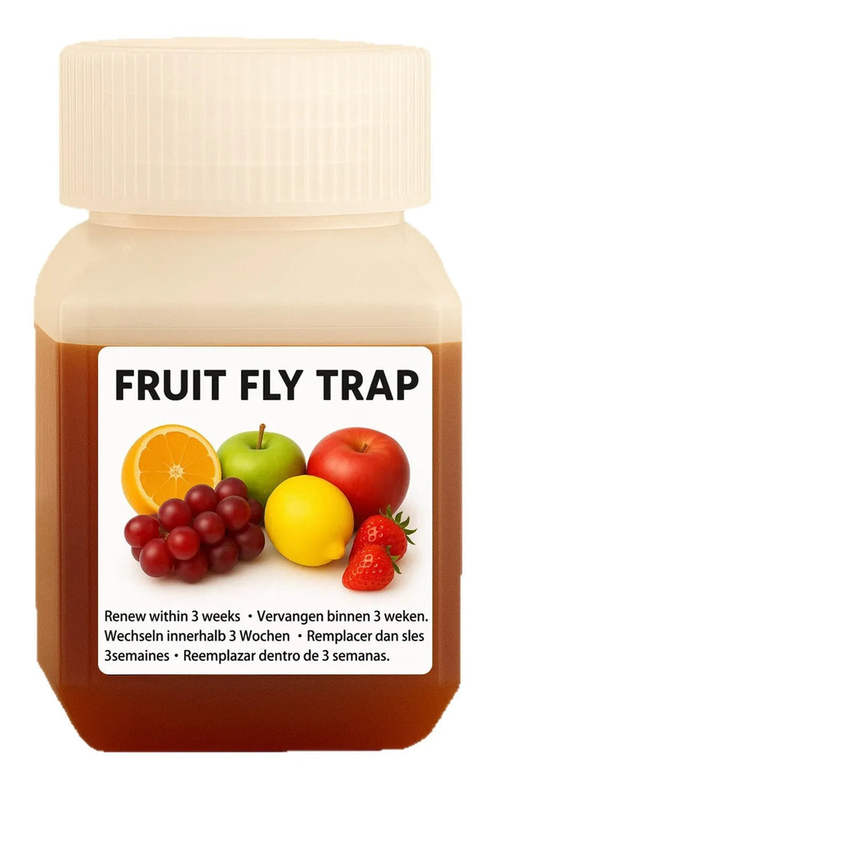 90ml bottle of SK003 fruit fly bait liquid on a kitchen counter near a fruit bowl.