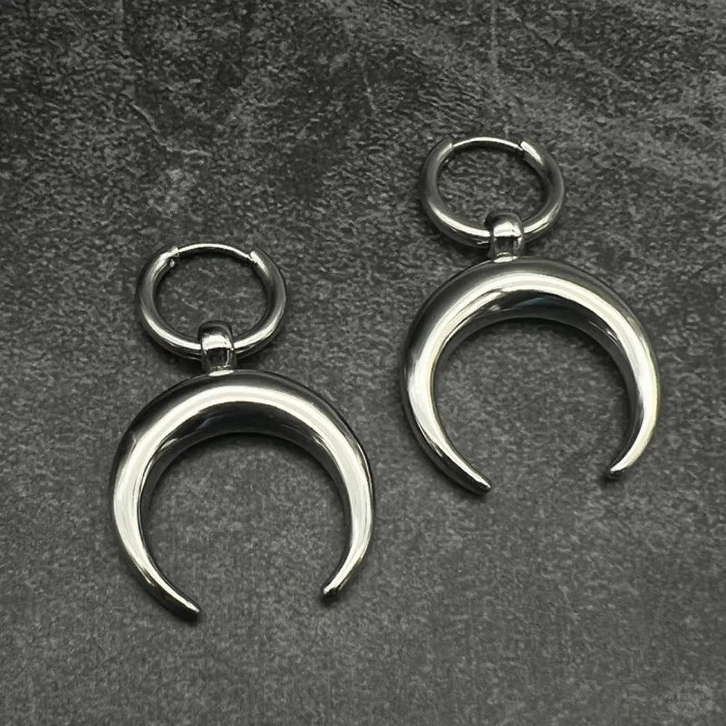 Silver geometric moon hoop earrings with punk-style ear clips, gothic lunar design on alloy base