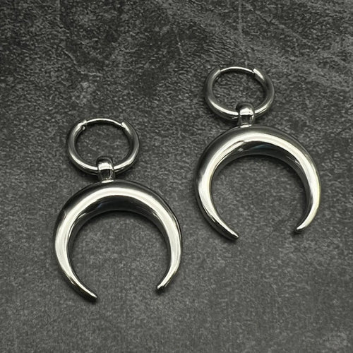 Silver geometric moon hoop earrings with punk-style ear clips, gothic lunar design on alloy base
