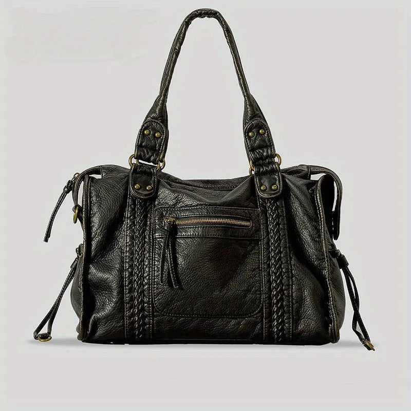 Women's brown retro motorcycle style messenger bag with woven texture and single shoulder strap