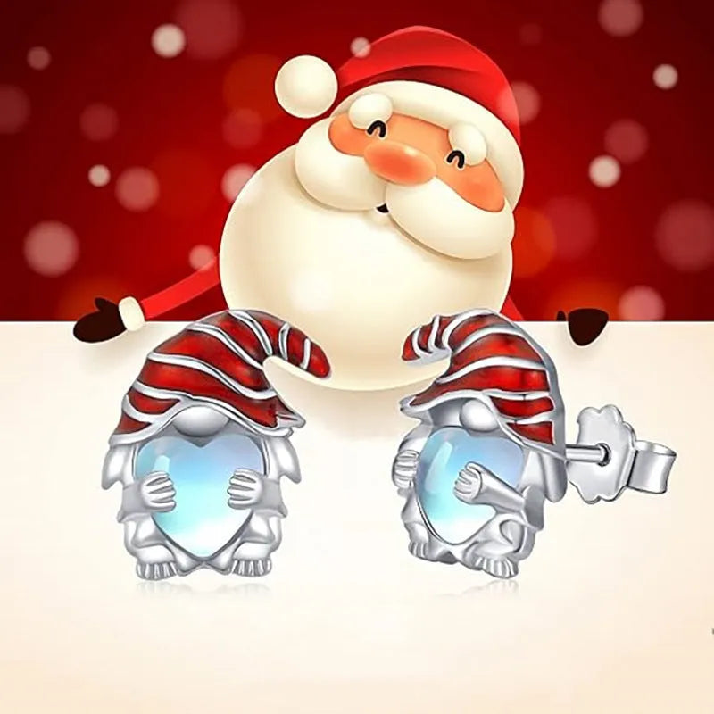 Women's Christmas heart earrings with Santa Claus design in white gold plating