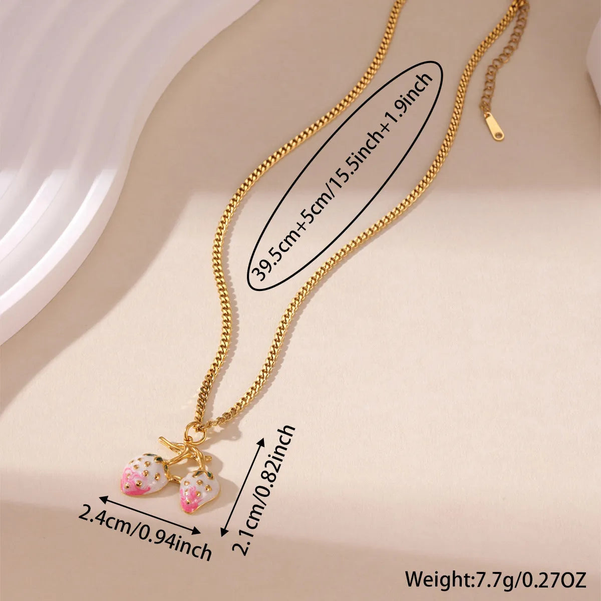 Stainless steel strawberry pendant necklace on alloy chain in red or white powder gradient colour