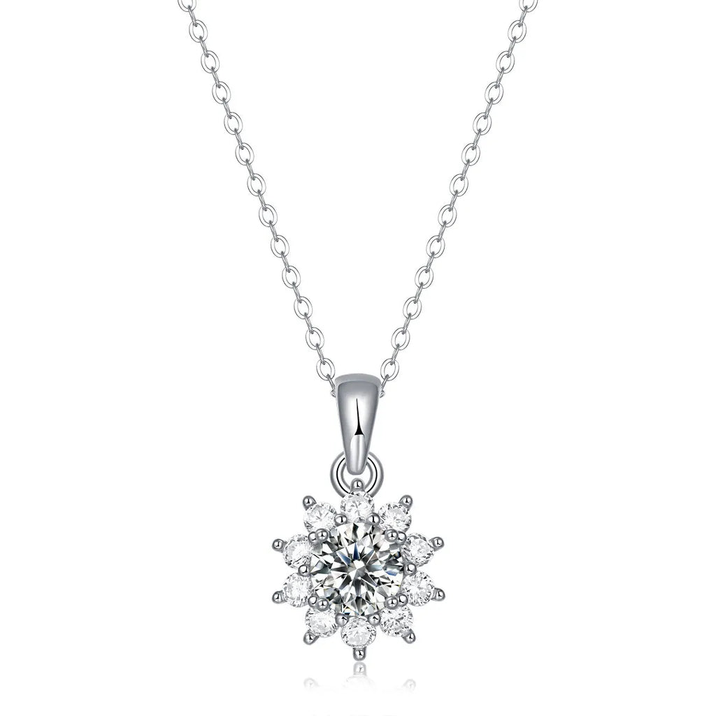 925 silver moissanite flower necklace for women with 1 carat round pendant and 21-50cm adjustable chain.