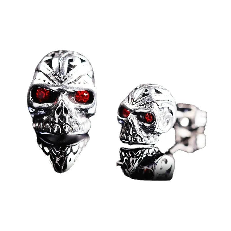 Retro skull stud earrings with red eye ghost head design and artificial gemstone inlay