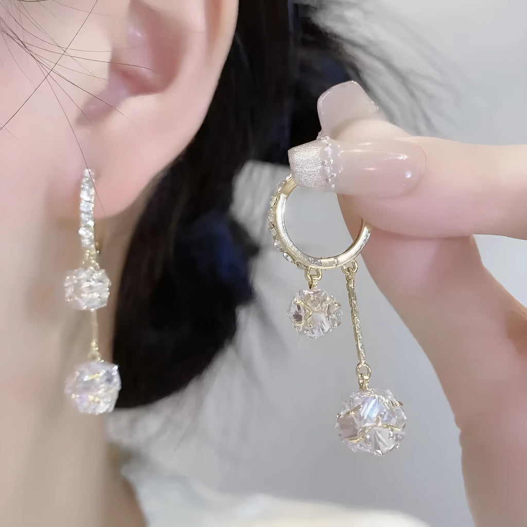 Silver confession balloon and tassel ball double pendant rhinestone drop earrings with ear clip fastening