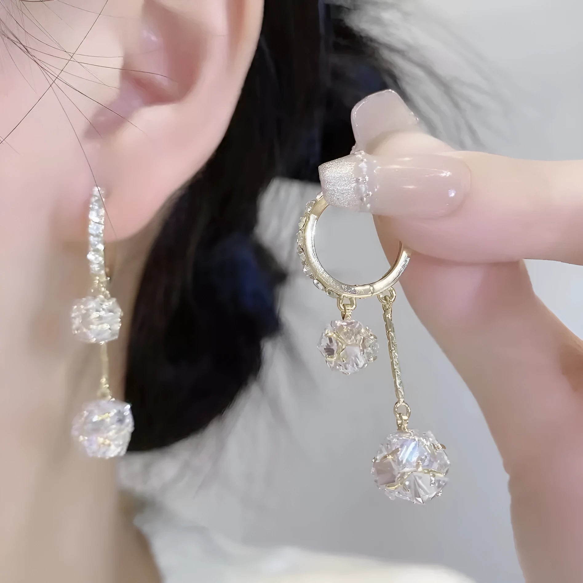 Silver confession balloon and tassel ball double pendant rhinestone drop earrings with ear clip fastening