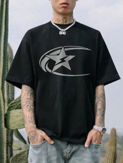 Men's pure cotton T-shirt with Japanese retro design in dark grey colour
