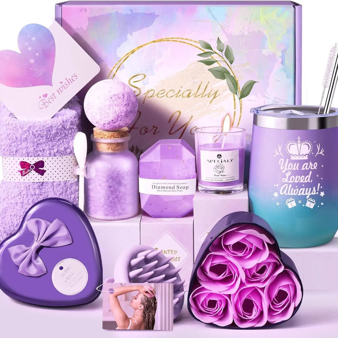 Aromatherapy candle gift box with multiple colour suit options including pink, purple, blue, black, and sunflower designs.