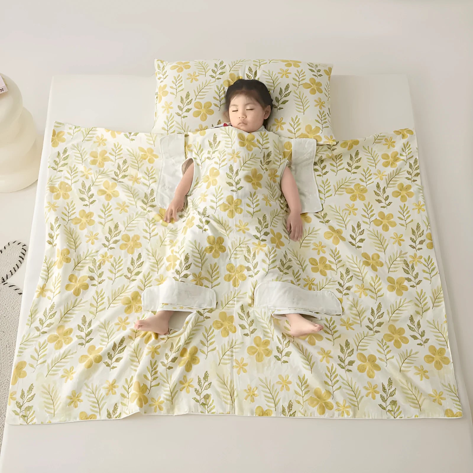 Colourful patterned anti-kick sleeping bag blanket folded to show size and design.