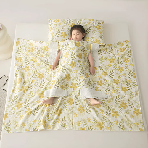 Colourful patterned anti-kick sleeping bag blanket folded to show size and design.