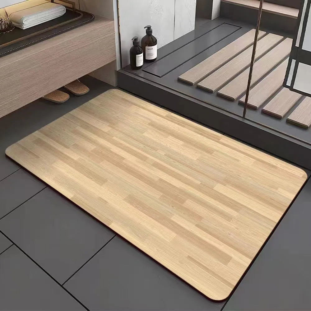 Square diatom ooze floor mat with geometric wood grain pattern in a shower room setting