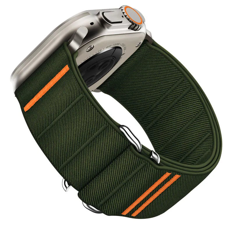 Elastic nylon Apple Watch replacement strap with stainless steel buckle in army green colour