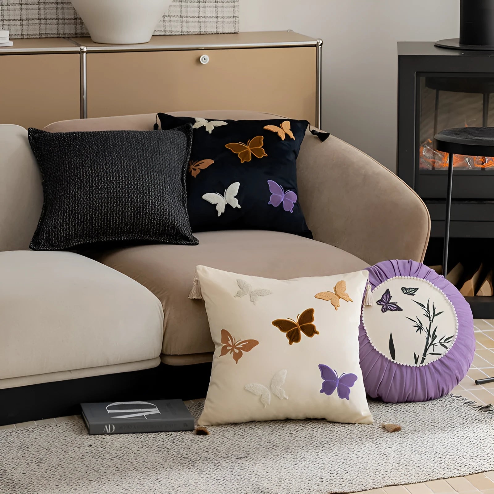 Square embroidered cushion with butterfly floral pattern in Chinese style, shown in beige colour.