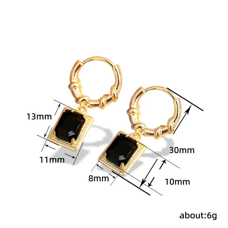 Pair of black zircon and copper geometric quadrilateral earrings in retro French Court style.