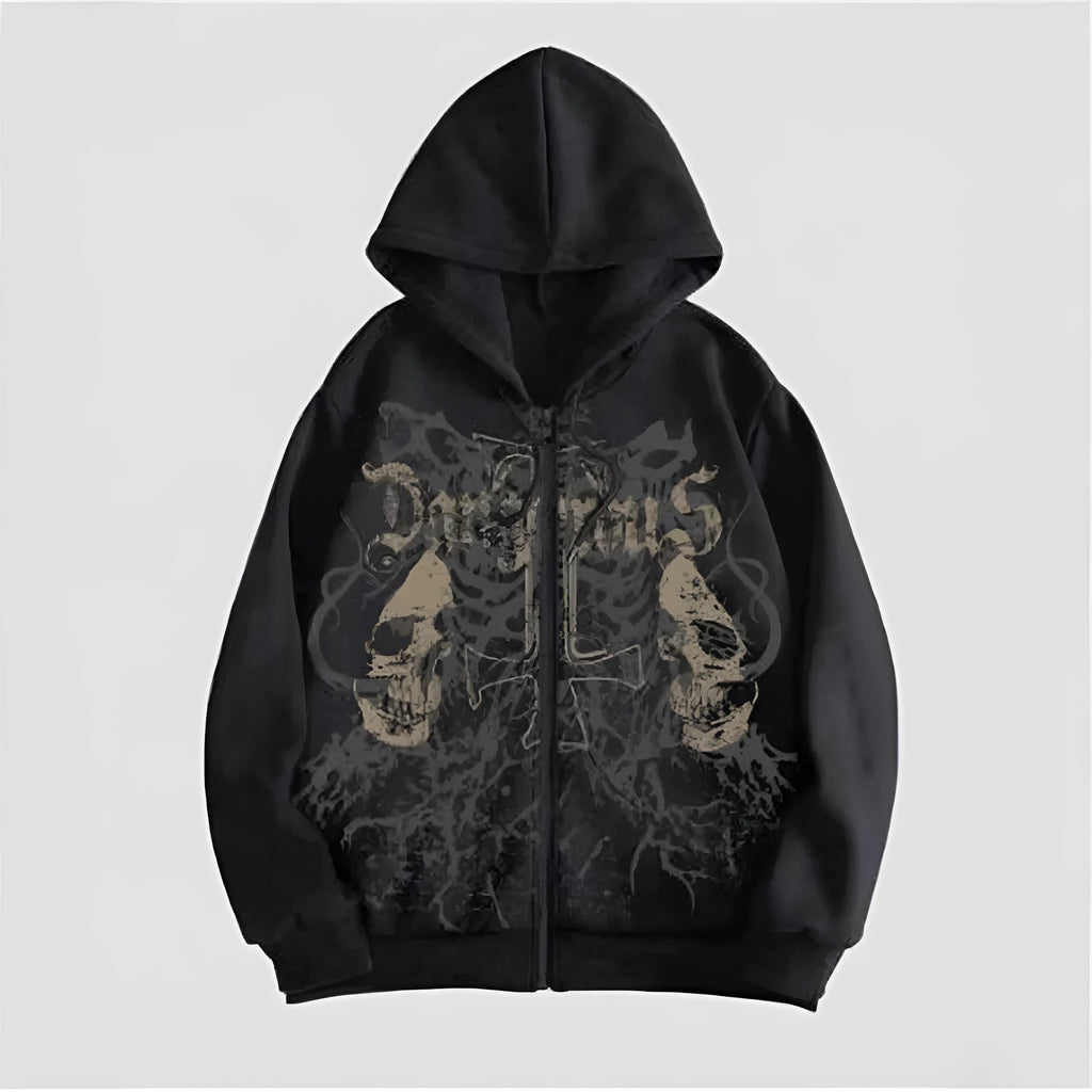 Men's black hooded sweatshirt with skull hot stamp print on front, cotton blend fabric