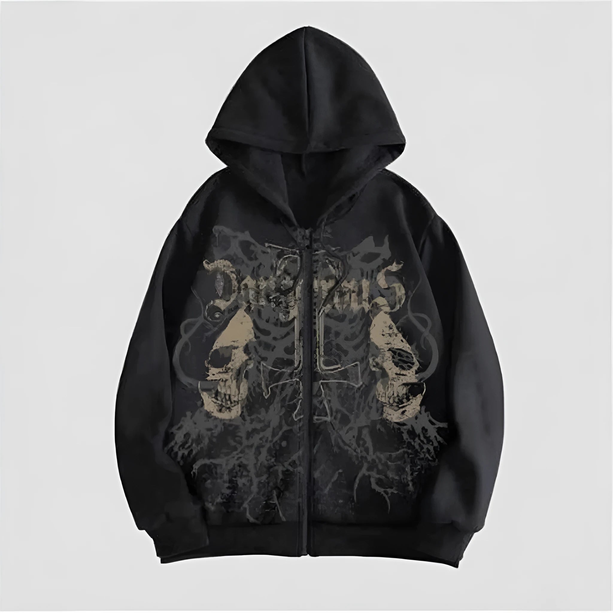 Men's black hooded sweatshirt with skull hot stamp print on front, cotton blend fabric