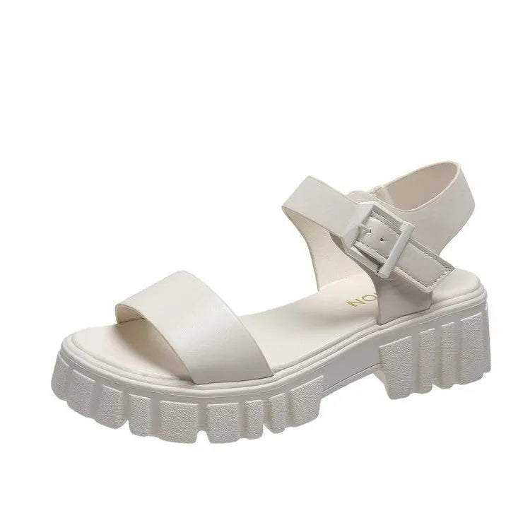 Women's beige peep toe sandals with ankle-strap buckle and platform heel in college style