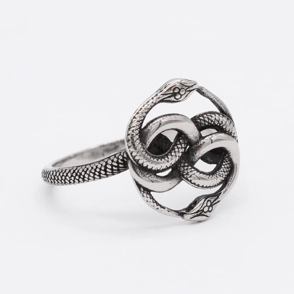 Titanium steel double snake ring in retro European American design, steel colour finish