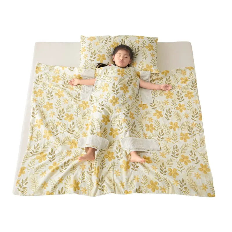 Colourful patterned anti-kick sleeping bag blanket folded to show size and design.