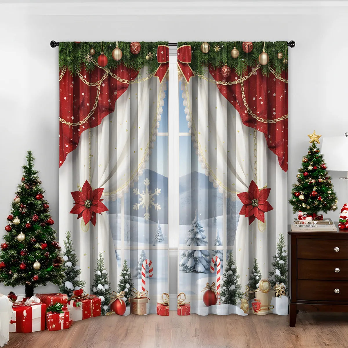 3D digitally printed Christmas curtains pair with European-style festive patterns on polyester fabric