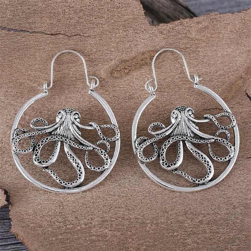 Vintage octopus earrings in antique silver finish with retro style animal design