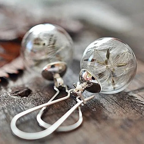 Transparent 16mm glass dandelion seed crystal ball earrings on French hooks