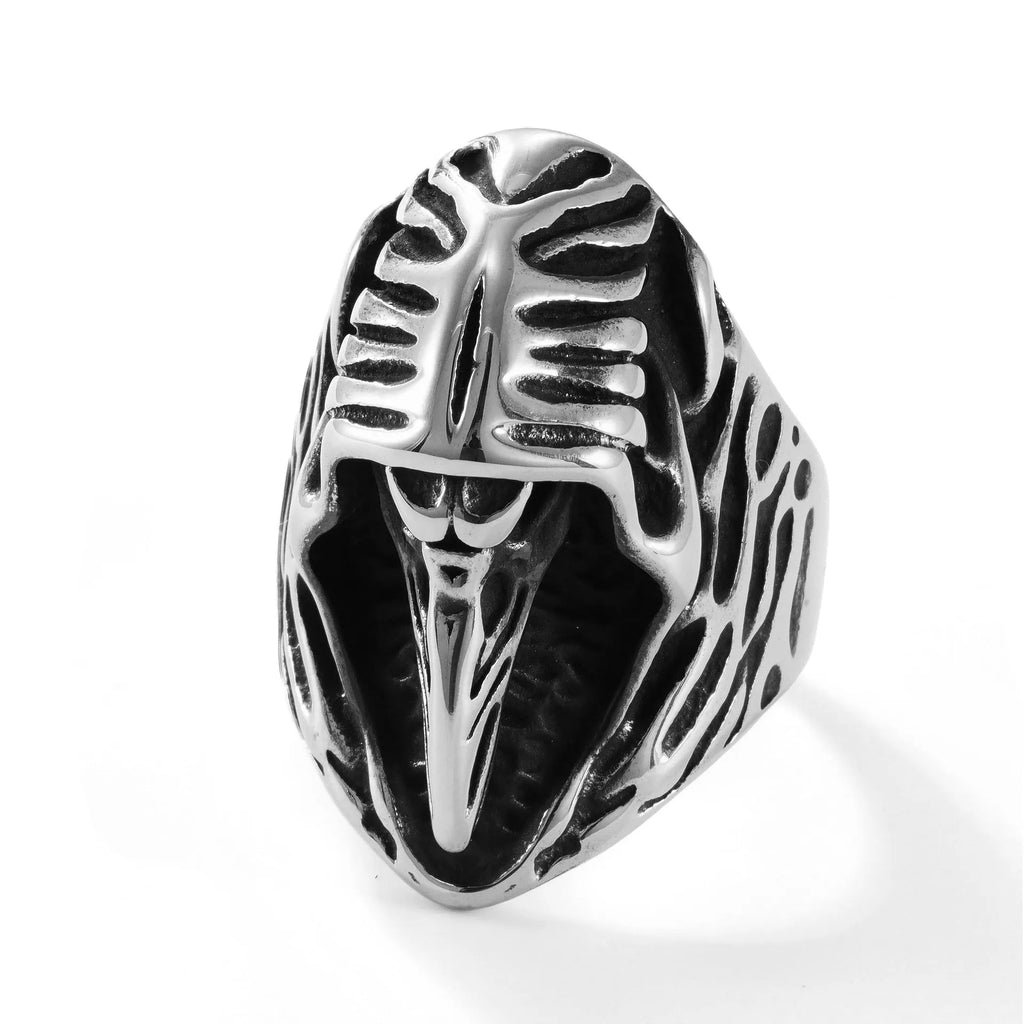 Stainless steel crow ring in MR166 colour with geometric shape and retro punk style.