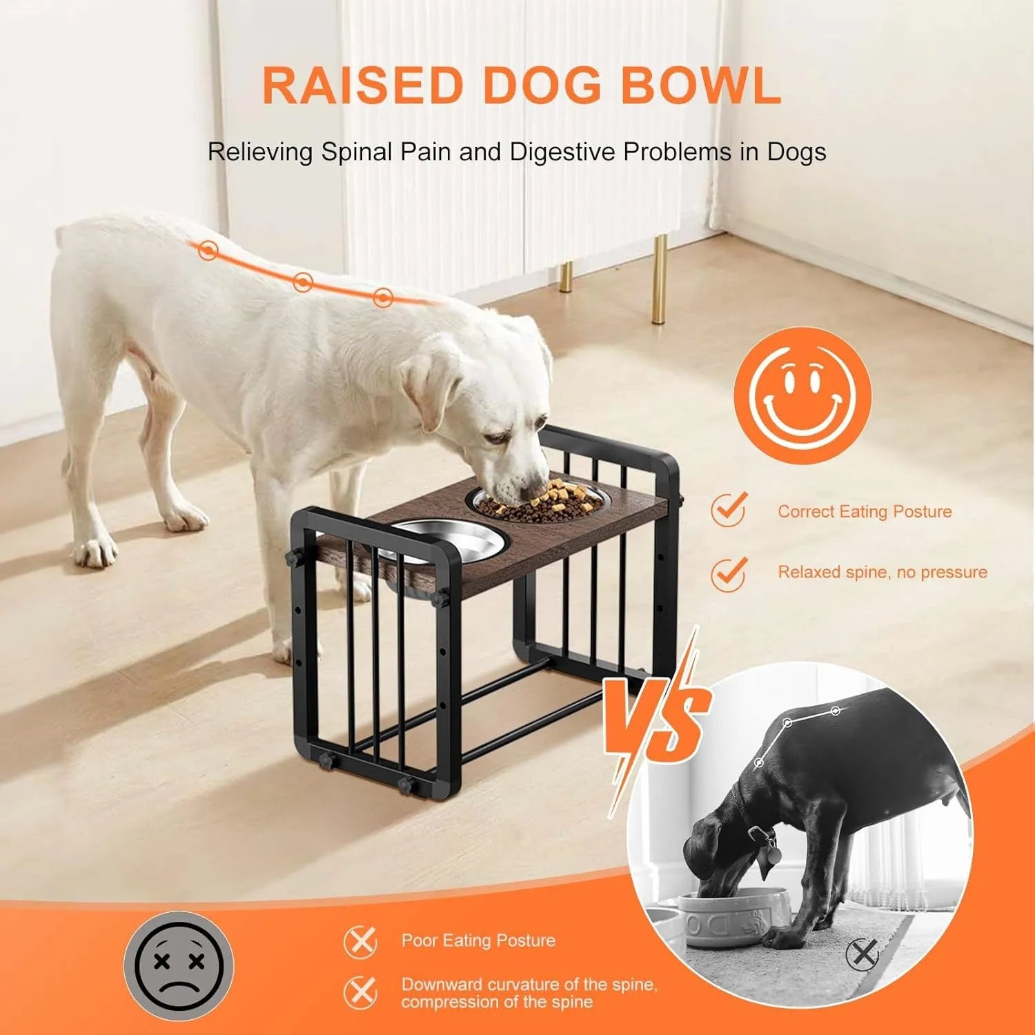 Black wooden dog bowl stand with non-slip brackets measuring 37x23cm