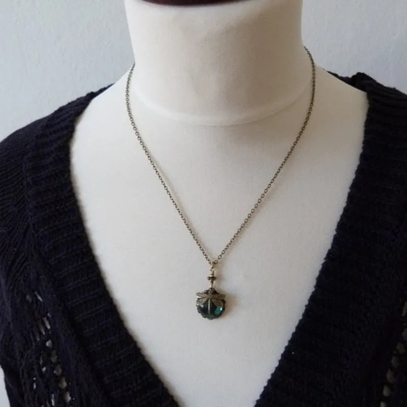 Hand carved dragonfly pendant necklace with vintage bronze finish on 925 sterling silver