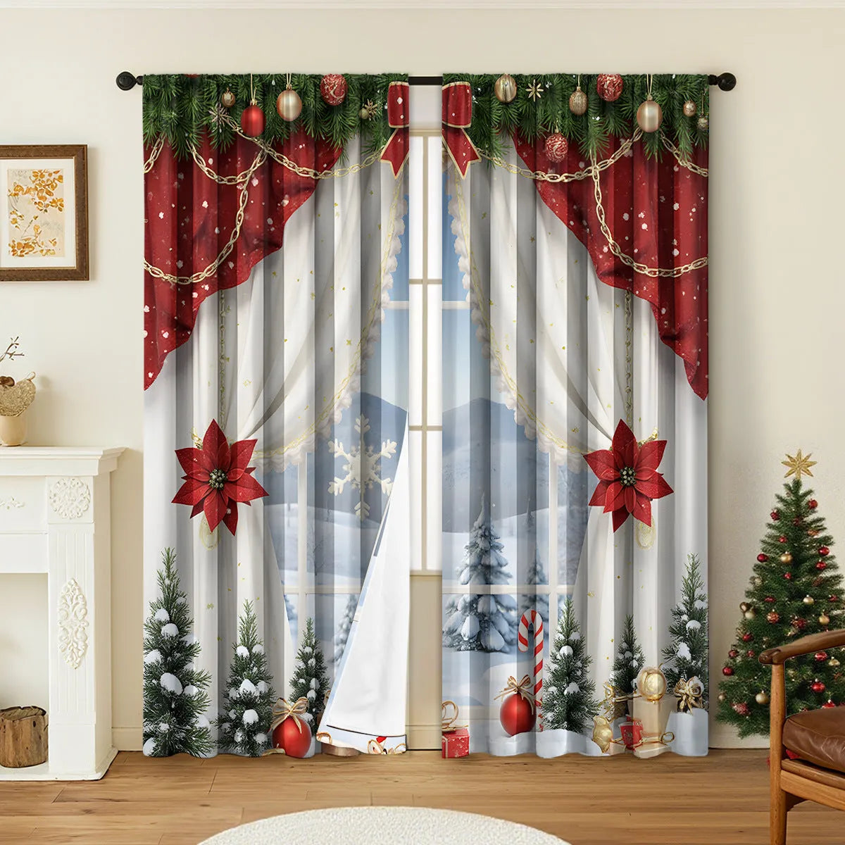 3D digitally printed Christmas curtains pair with European-style festive patterns on polyester fabric