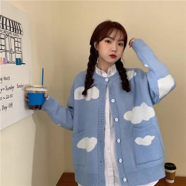 Women's loose blue cloud pattern cardigan sweater coat with long sleeves