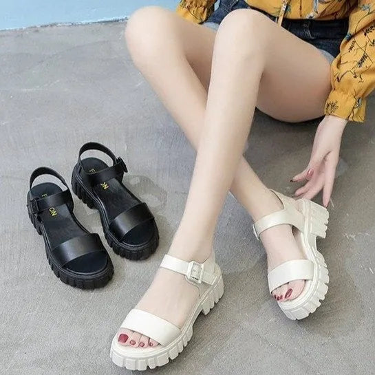 Women's beige peep toe sandals with ankle-strap buckle and platform heel in college style