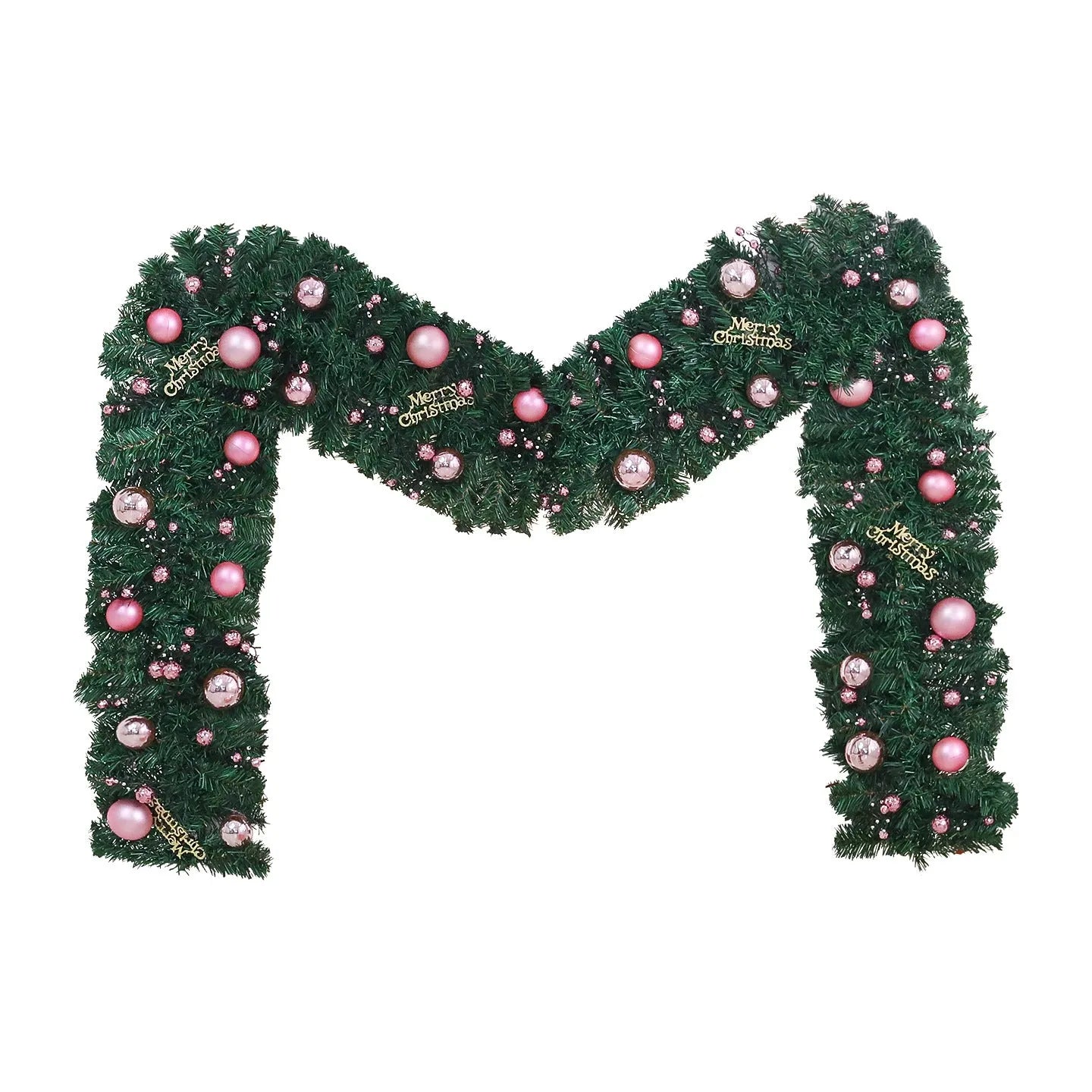 2.7 metre pink rattan Christmas vine decoration with 240 decorative heads on wrought iron wire