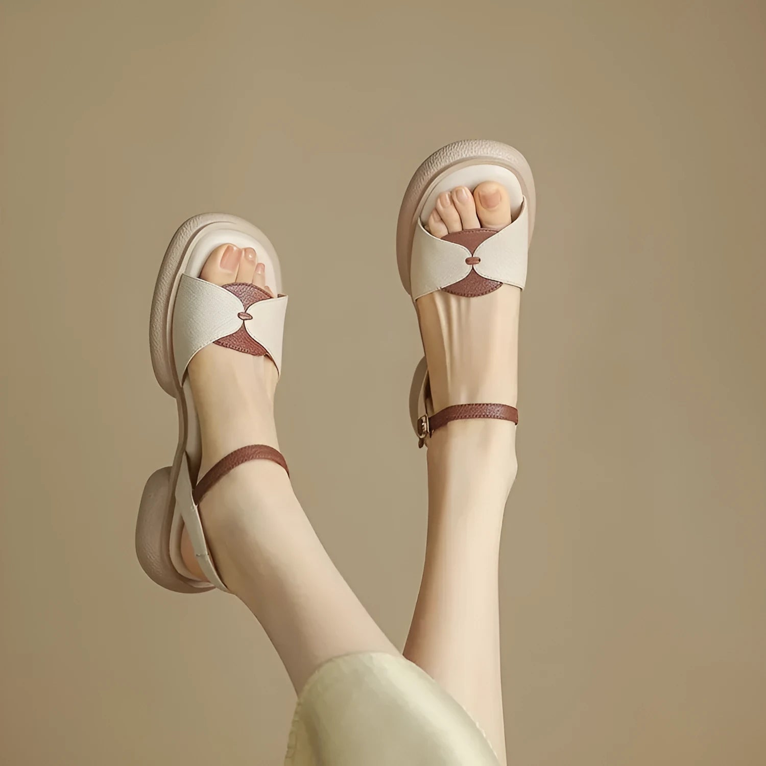 Women's chunky heel platform sandals with open toe in khaki colour
