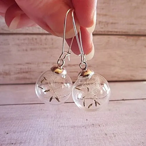 Transparent 16mm glass dandelion seed crystal ball earrings on French hooks