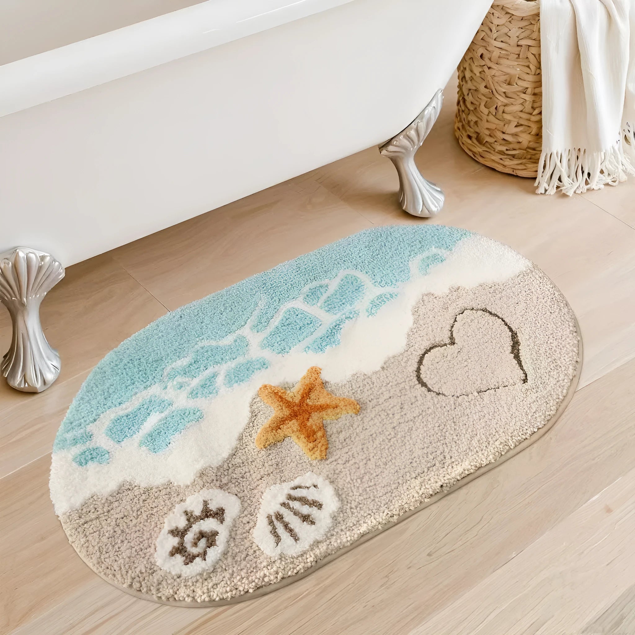 Square imitation cashmere floor mat with plastic bottom and rainbow pattern in sky sea colours