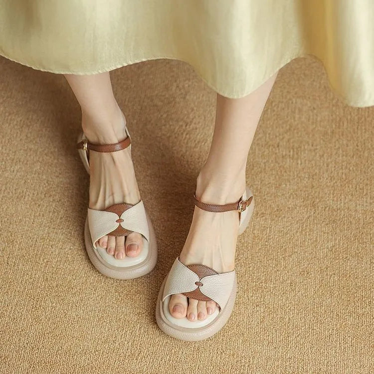 Women's chunky heel platform sandals with open toe in khaki colour