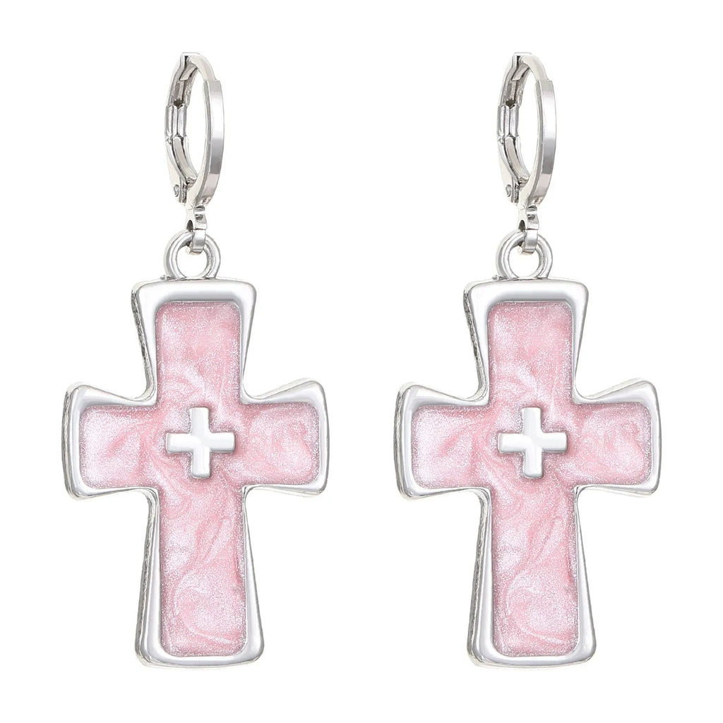 Women's cross crystal earrings with dripping oil treatment in white, black, and silver colour variations