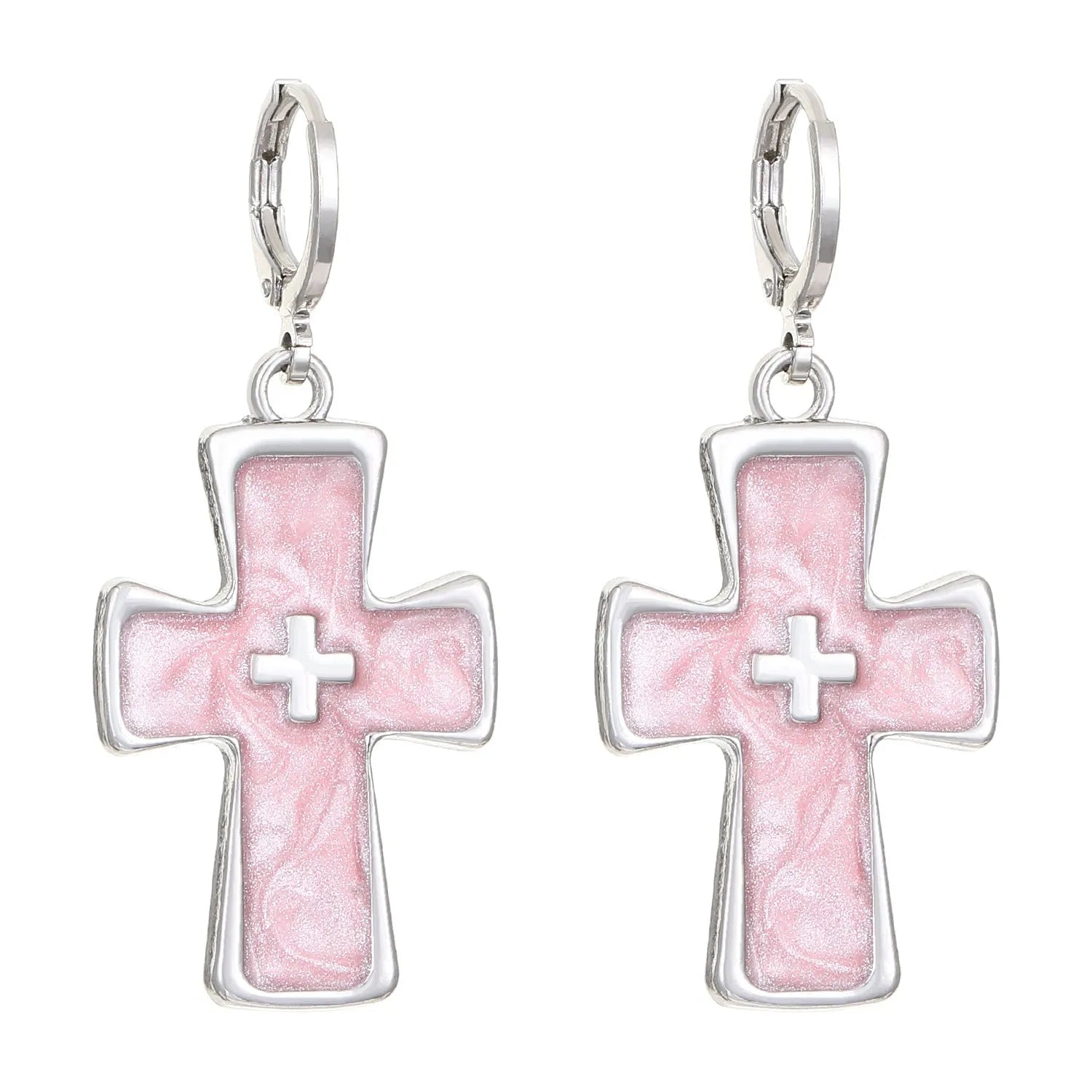 Women's cross crystal earrings with dripping oil treatment in white, black, and silver colour variations