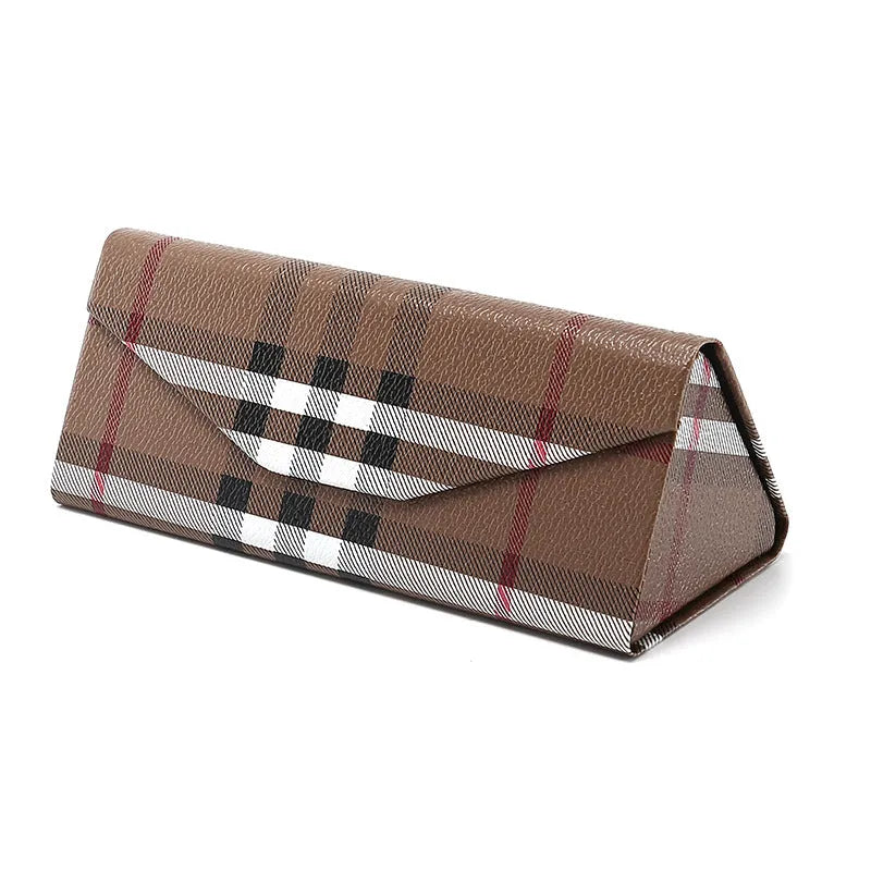 Handmade triangle folding glasses case in PU cowhide, colours: black, pink, brown, dark blue, plaid.