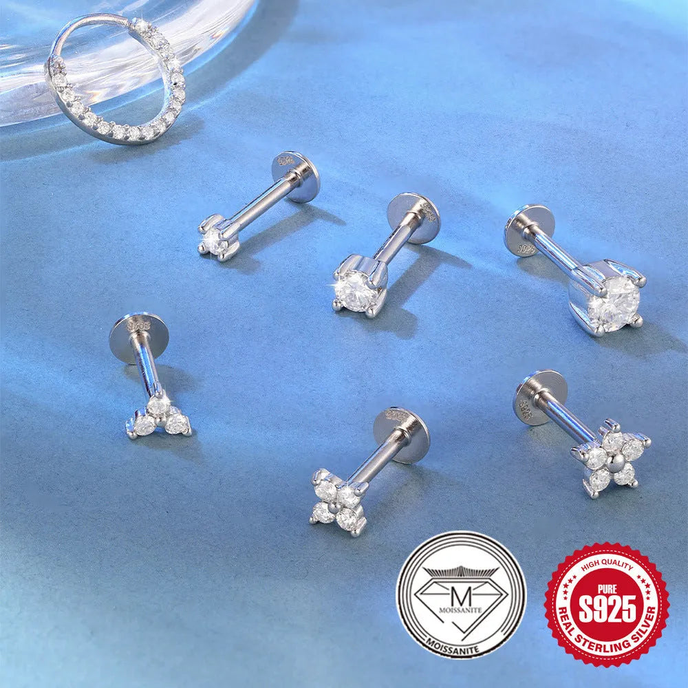 Platinum plated S925 sterling silver geometric petal stud earrings with debris-style designs