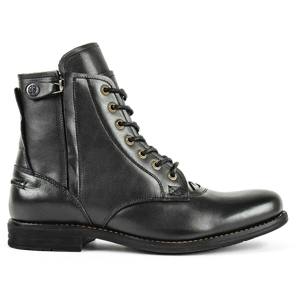 Men's black and brown two-tone leather ankle boots with a side zipper.