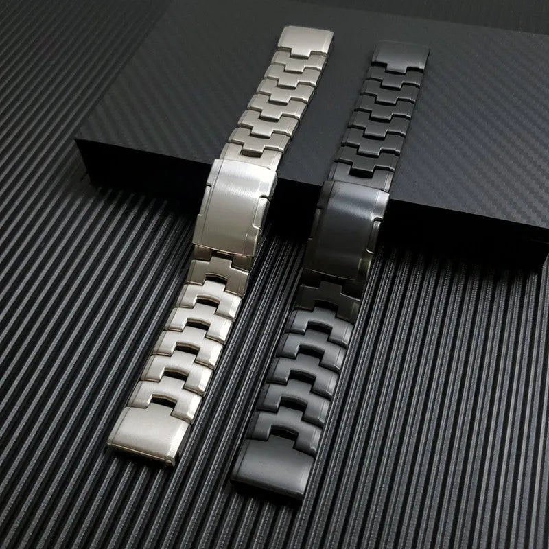 Jiaming Garmin Fenix replacement watch strap in black, silver, titanium colour, showing 22mm and 26mm width options.