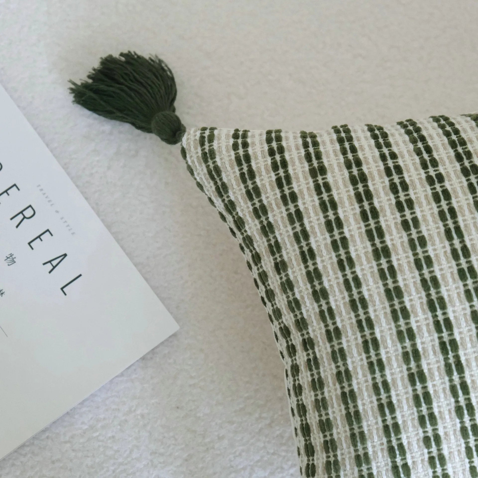 Green cotton linen hotel sample pillow with tassel decoration and silk floss filling